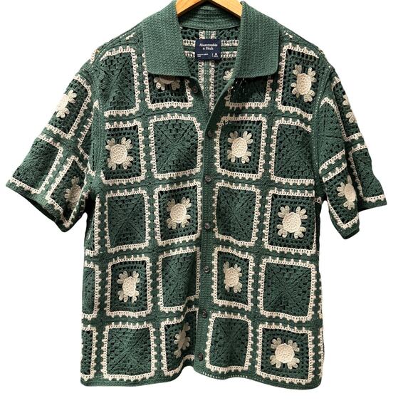 Abercrombie & Fitch Sweater Mens Medium Green Crochet Floral Knit Button Up - Picture 1 of 9
